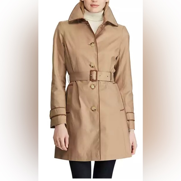 Lauren Ralph Lauren Faux Leather Trim Hooded Short Trench with Belt Sz SM NWT - Picture 1 of 10